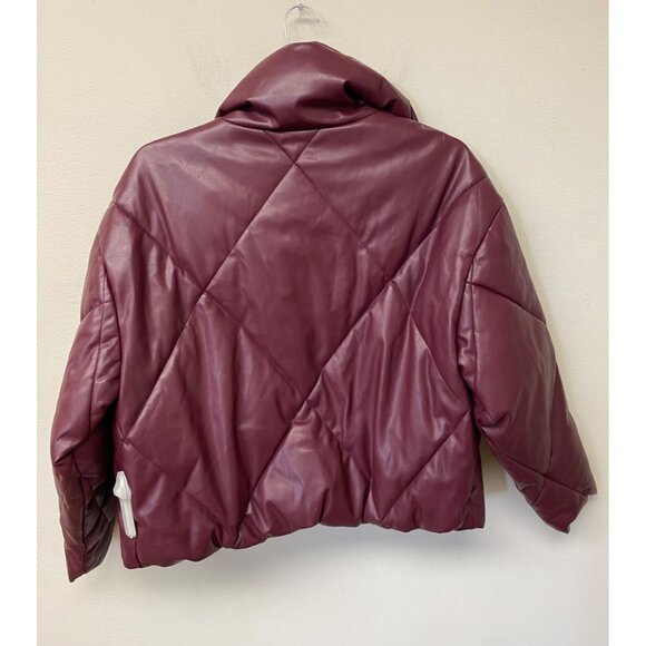 CoffeeShop Women's Juniors Maroon Collared Quilted Faux Leather Puffer Coat NWT - Picture 5 of 7